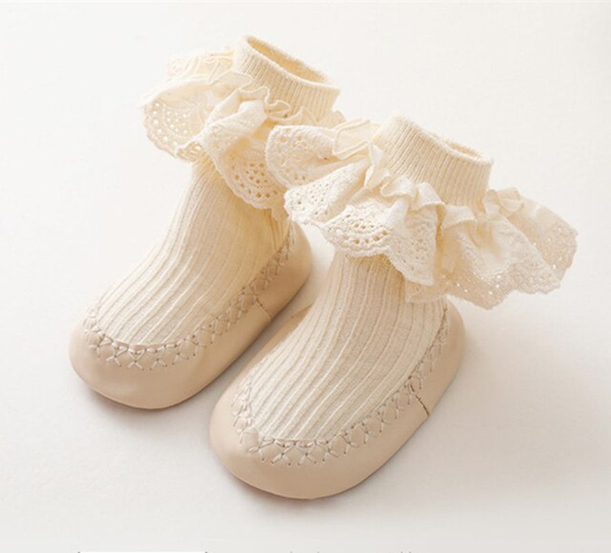 Baby Girls Ruffle Socks with Rubber Soles Infant Sock Newborn Autumn Children Floor Lace Flowers Shoes anti Slip Soft Sole Sock