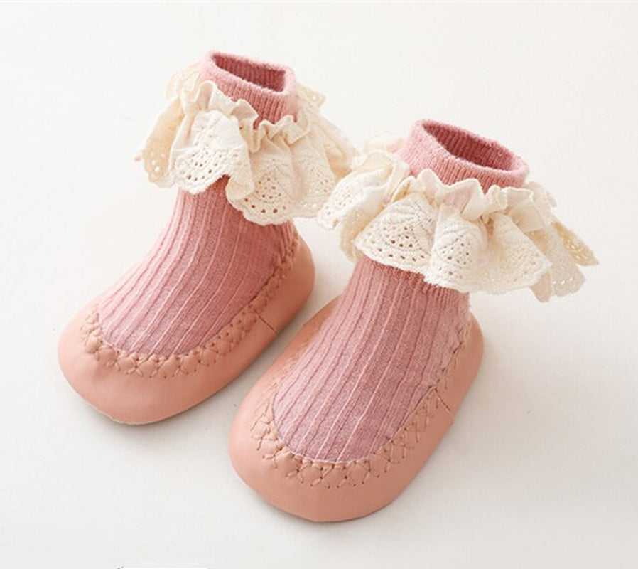 Baby Girls Ruffle Socks with Rubber Soles Infant Sock Newborn Autumn Children Floor Lace Flowers Shoes anti Slip Soft Sole Sock