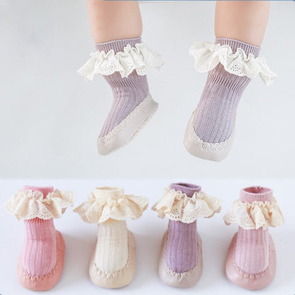 Baby Girls Ruffle Socks with Rubber Soles Infant Sock Newborn Autumn Children Floor Lace Flowers Shoes anti Slip Soft Sole Sock