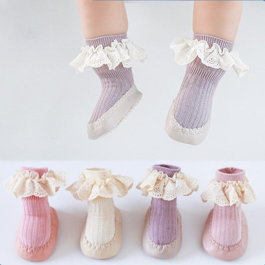 Baby Girls Ruffle Socks with Rubber Soles Infant Sock Newborn Autumn Children Floor Lace Flowers Shoes anti Slip Soft Sole Sock